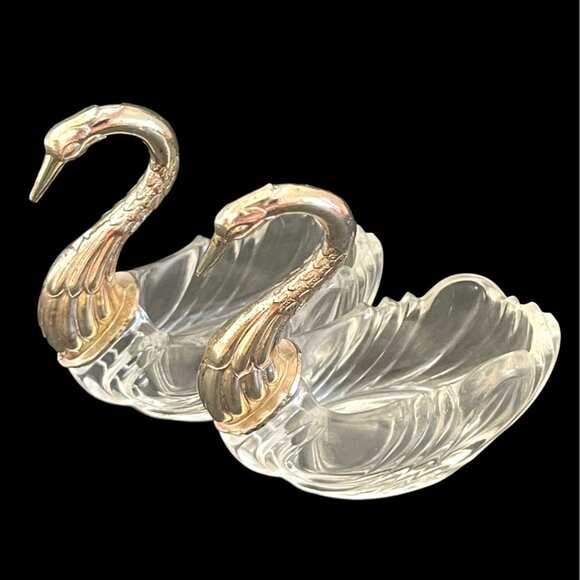 Crystal & Silver-Plated Swan Shaped Salt Pepper Cellars Sugar Bowl Candy Dishes - Picture 7 of 7